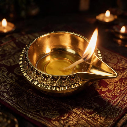 Gold Diya Oil Lamp – Indian Deepak with Decorative Leaf Motif