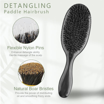 Boar Bristle Hair Brush – Detangling & Scalp Massage Paddle Brush for All Hair Types