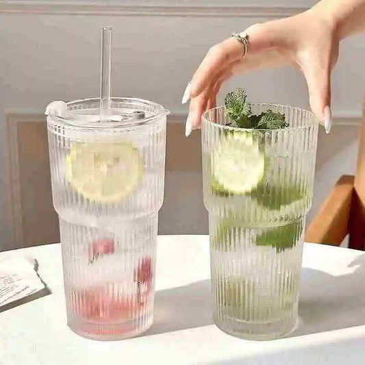 600ml Ribbed Glass Coffee Cup – Transparent Cold Drink Tumbler