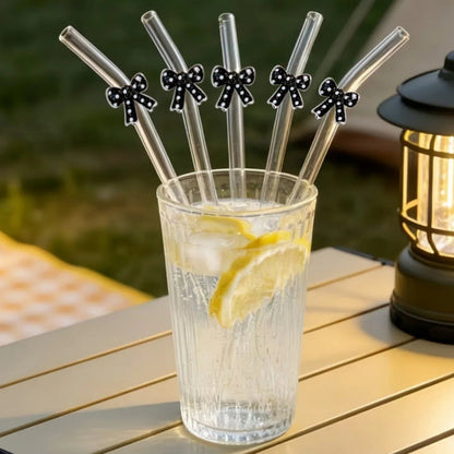 Black Polka Dot Bow Glass Drinking Straws – Reusable Curved Straws (3 or 6 Pack)