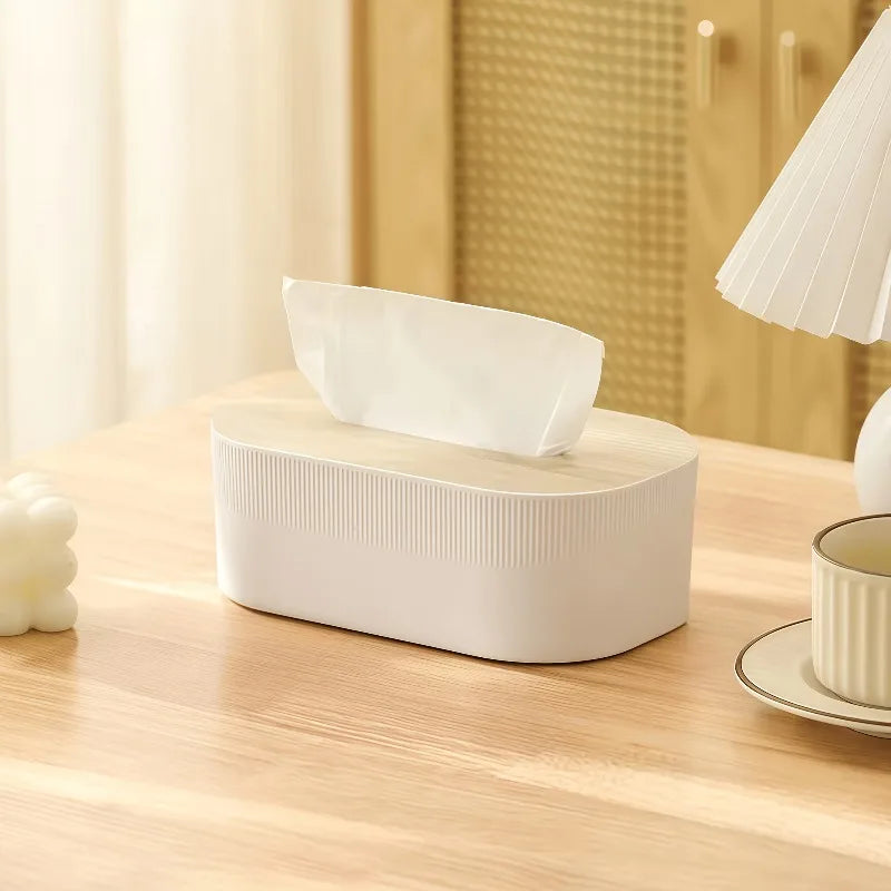 Modern Tissue Box Holder with Wood-Look Lid – Rectangular Tissue Dispenser for Home & Office