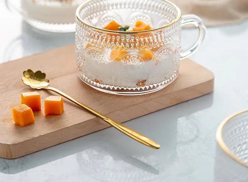 Vintage Embossed Glass Mug – Gold Rim Tea & Coffee Cup