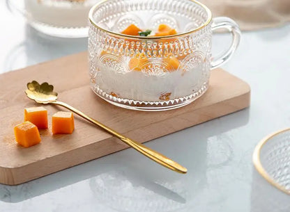 Vintage Embossed Glass Mug – Gold Rim Tea & Coffee Cup