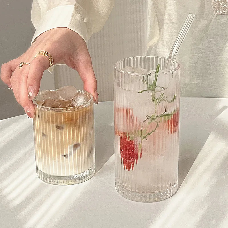 Vintage Ribbed Glass Cups – Heat-Resistant Coffee & Drink Tumblers