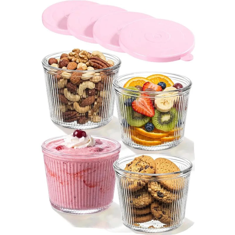 Clear Ribbed Glass Dessert Bowls with Lids – Stackable Snack & Sauce Containers (4 or 6 Pack)