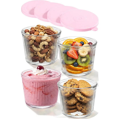 Clear Ribbed Glass Dessert Bowls with Lids – Stackable Snack & Sauce Containers (4 or 6 Pack)
