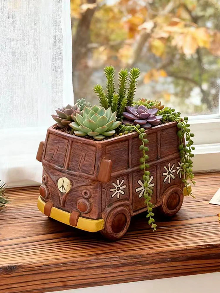 Vintage Bus Planter – Decorative Car Flower Pot for Succulents & Small Plants