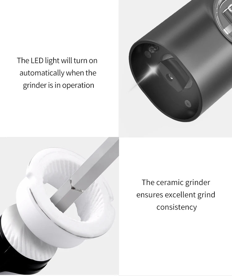 Automatic Gravity Salt & Pepper Grinder – LED Light Adjustable Mill