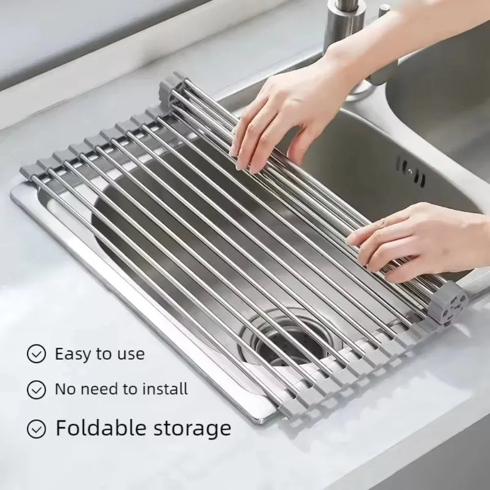 Roll-Up Stainless Steel Over-Sink Drying Rack – Foldable Dish Drainer & Food Prep Rack