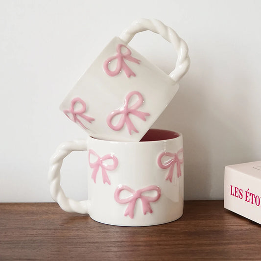 Pink Bow Ceramic Mug – 380ml Embossed Coffee Cup with Twisted Handle
