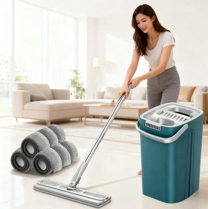 Self-Washing Flat Mop & Bucket Set – Hands-Free Microfiber Floor Cleaning System