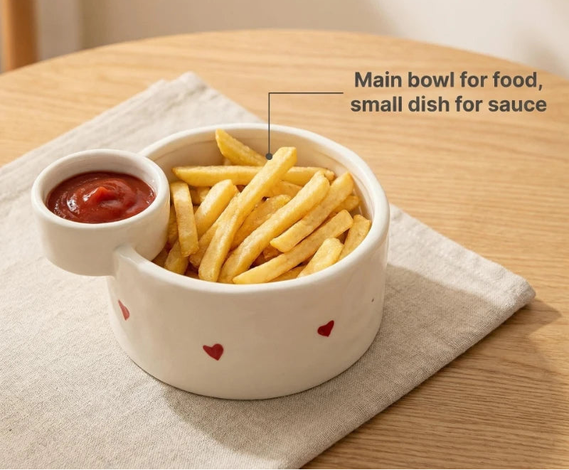 Ceramic Snack & Dip Bowl with Side Plate – Chips, Fries & Sauce Serving Dish
