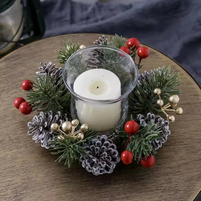 Christmas Candle Wreath Holder – Artificial Pine Branches, Red Berries & Pine Cones, 20cm