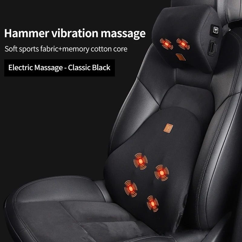 USB Rechargeable Car Neck & Lumbar Massage Cushion – Vibrating Headrest & Back Support