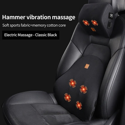 USB Rechargeable Car Neck & Lumbar Massage Cushion – Vibrating Headrest & Back Support