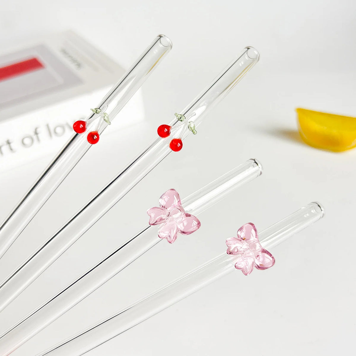 Cute Glass Drinking Straw – Reusable Cherry & Bow Design