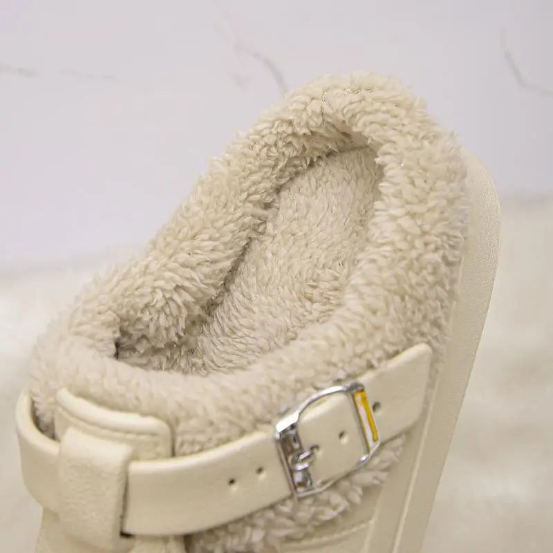Women's Waterproof EVA Furry Mules – Plush Winter Slip-On Slippers with Platform Sole