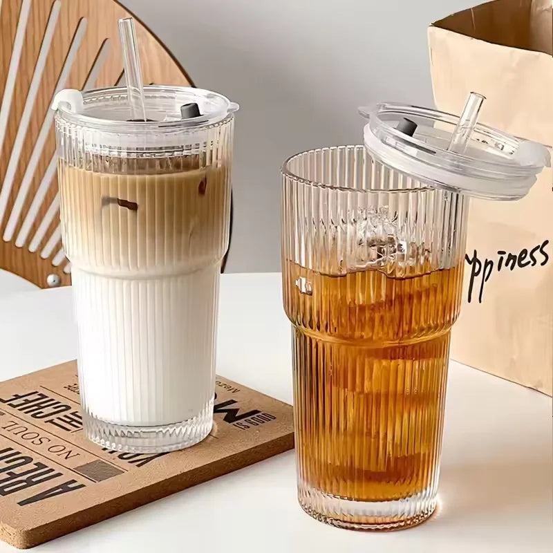 600ml Ribbed Glass Coffee Cup – Transparent Cold Drink Tumbler