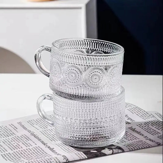 Vintage Embossed Glass Mug – Gold Rim Tea & Coffee Cup