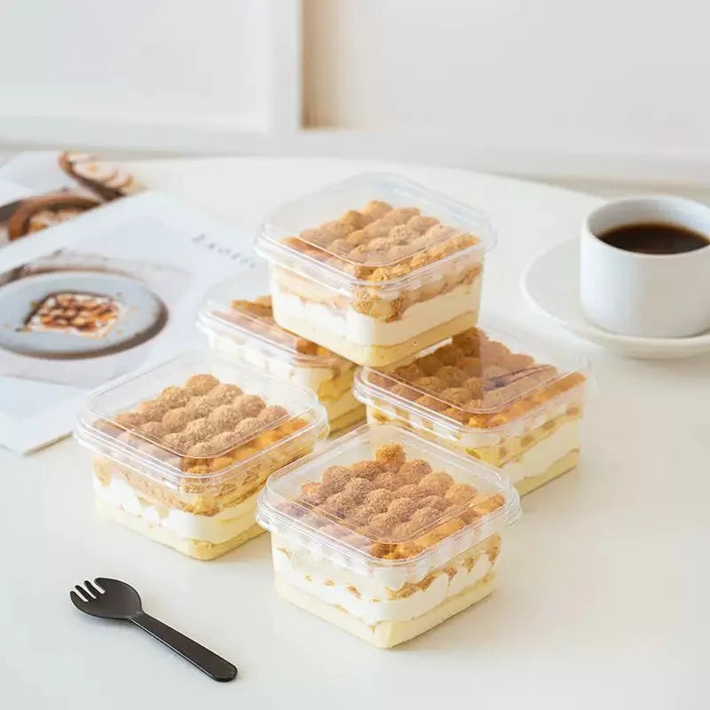 10-Pack Square Dessert Boxes with Clear Lids – Eco-Friendly Cake, Mousse & Yogurt Packaging