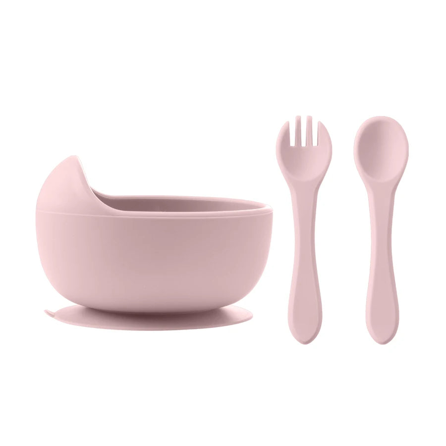 3-Piece Silicone Baby Suction Bowl Set – Bowl, Wooden Spoon & Fork