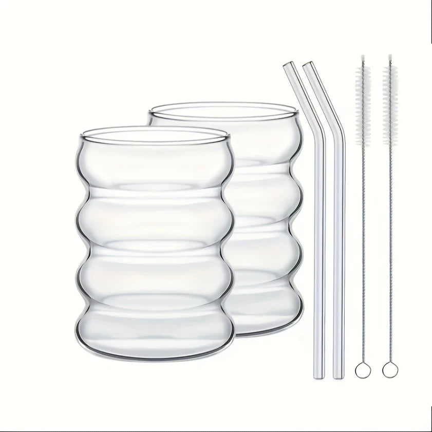 Vintage Ripple Glass Cups with Straw & Brush – Set of 2