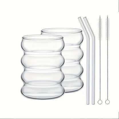 Vintage Ripple Glass Cups with Straw & Brush – Set of 2