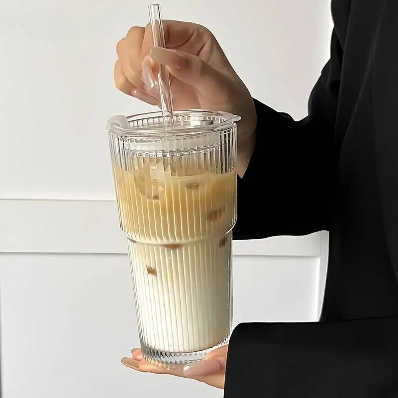 600ml Ribbed Glass Coffee Cup – Transparent Cold Drink Tumbler