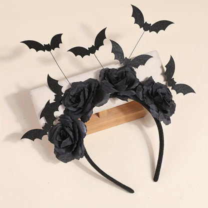 Halloween Witch Hat Headband – Gothic Bat & Black Flower Hair Accessory