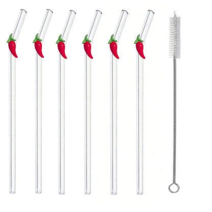 Chilli Pepper Glass Drinking Straws – Reusable Bent Straws for Cocktails, Juice & Iced Coffee