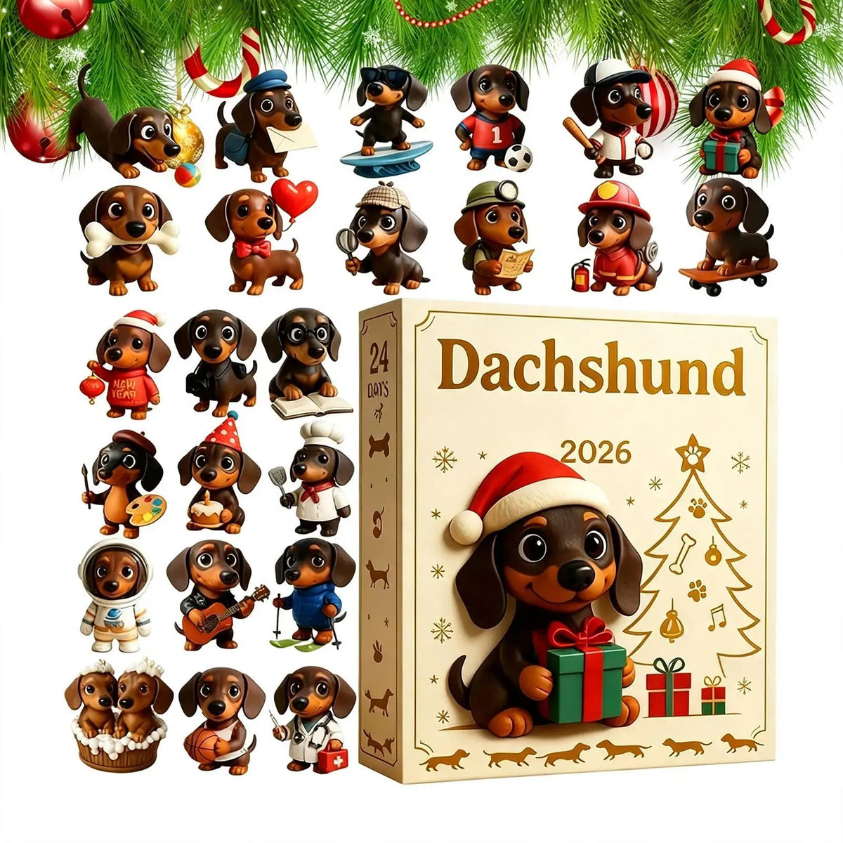 Dachshund Christmas Advent Calendar – 24-Day Countdown with Acrylic Dog Ornaments