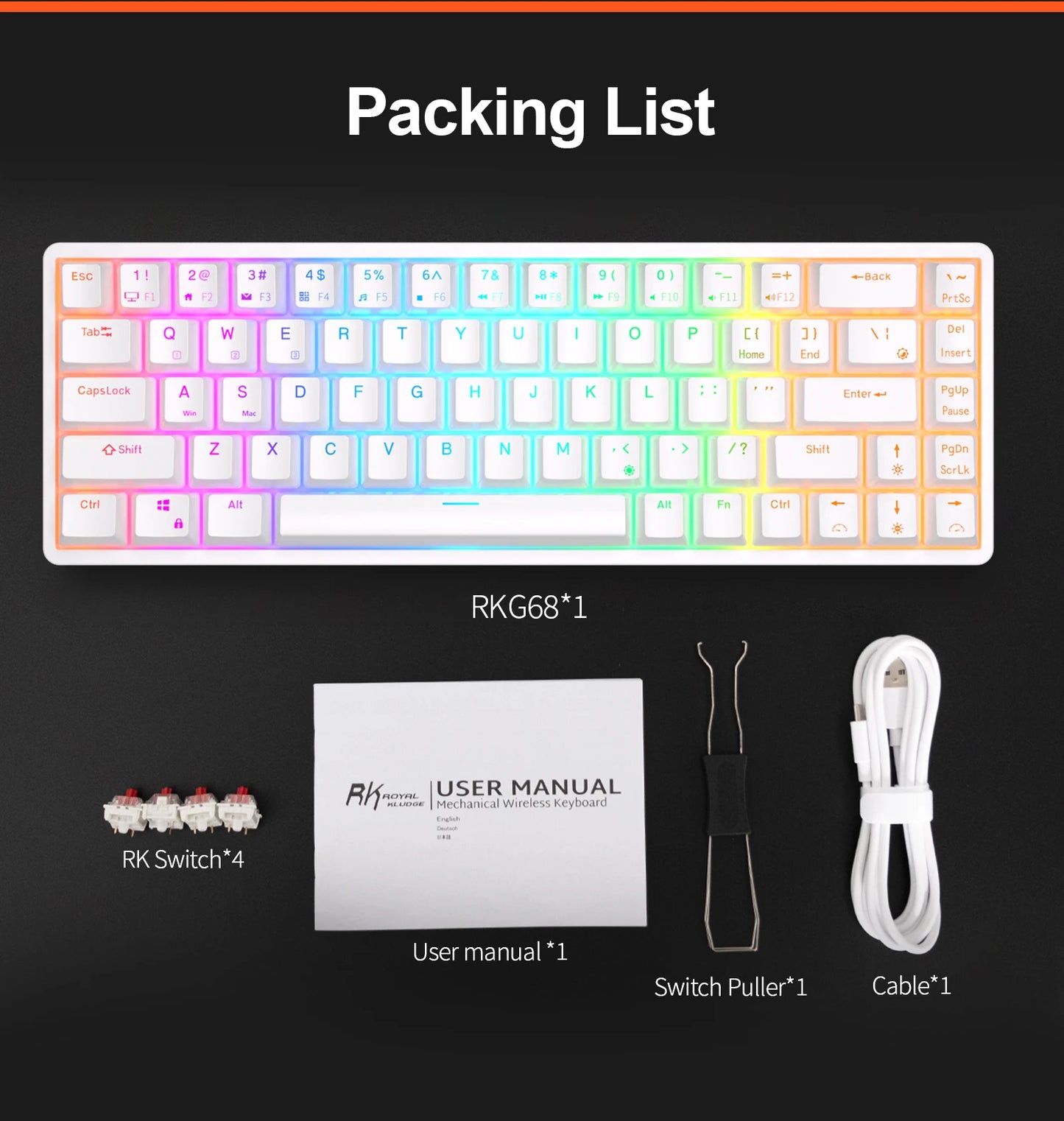 RGB Mechanical Gaming Keyboard – 68 Keys, Hot-Swappable, Wireless