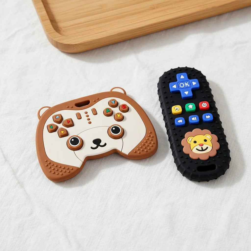 2-Piece Silicone Baby Teether Set – Bear Game Controller & Lion Remote