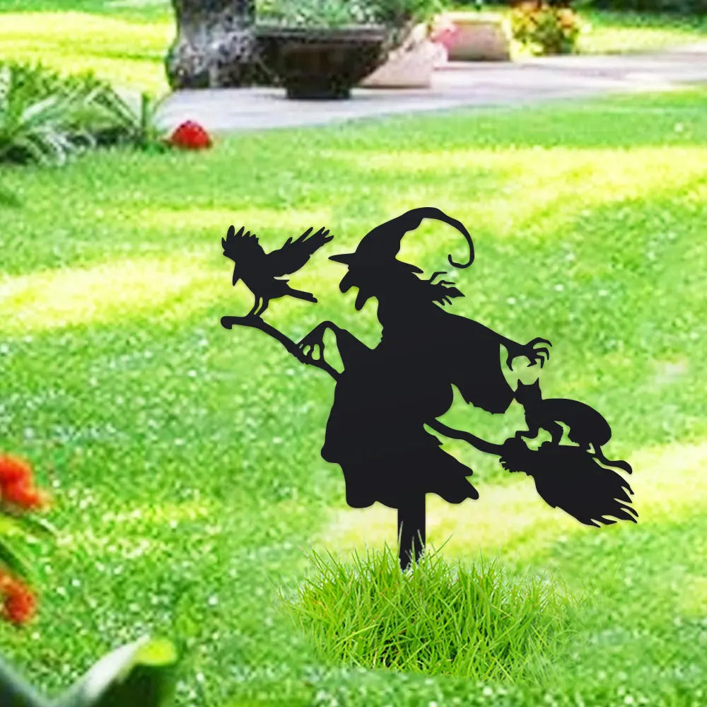 Witch on Broomstick Metal Garden Stake – Halloween Outdoor Decoration
