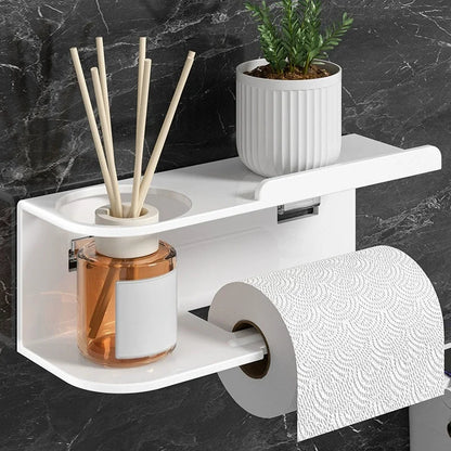 Self-Adhesive Toilet Paper Holder with Phone Shelf – Stainless Steel Wall Mount