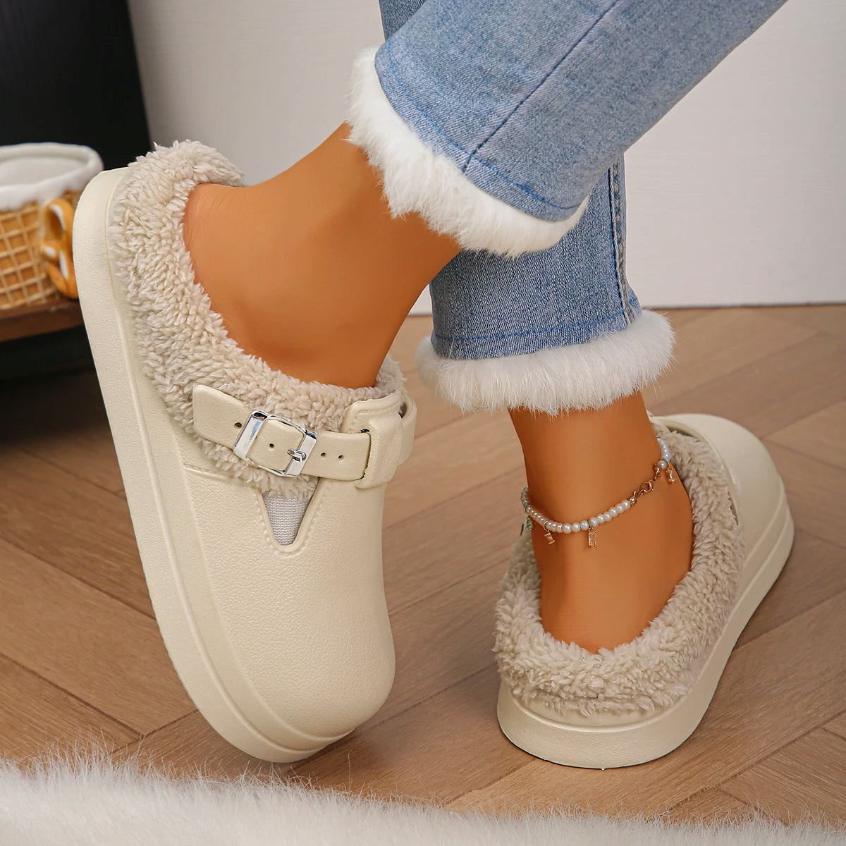 Women's Waterproof EVA Furry Mules – Plush Winter Slip-On Slippers with Platform Sole