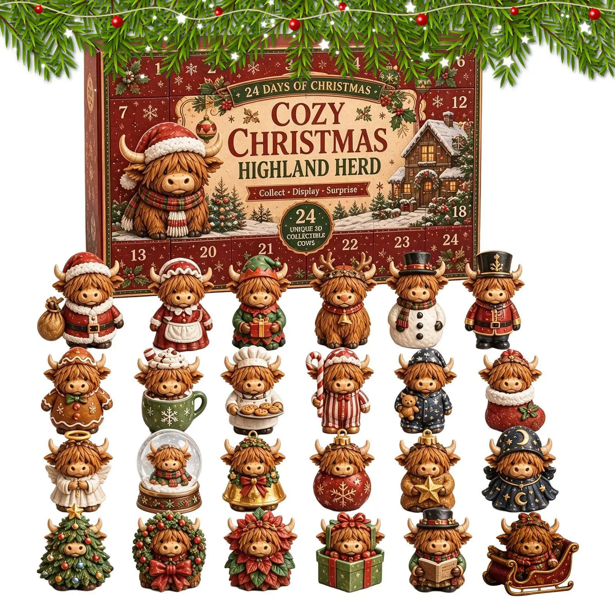 Christmas Advent Calendar – 24-Piece Highland Cow Acrylic Ornaments & Christmas Countdown Decorations