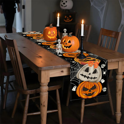 Halloween Table Runner – Pumpkin, Bat & Skull Party Table Décor