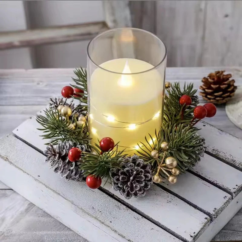 Christmas Candle Wreath Holder – Artificial Pine Branches, Red Berries & Pine Cones, 20cm