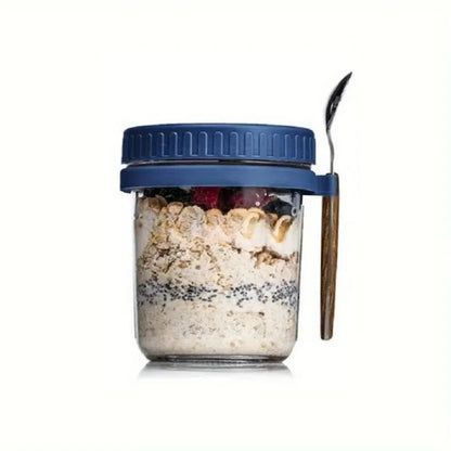 Overnight Oats Glass Cup with Lid & Spoon – 350ml Breakfast Jar