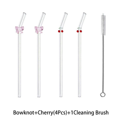 Cute Glass Drinking Straw – Reusable Cherry & Bow Design