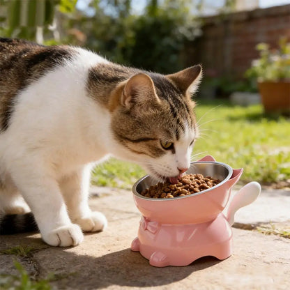 Elevated Tilted Stainless Steel Cat Bowl – Raised Whisker-Friendly Pet Feeder