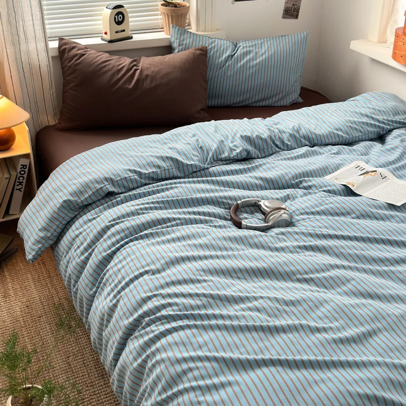 Blue & Brown Striped Duvet Cover Set – 3-Piece Soft Bedding Set with Pillowcases