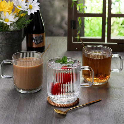 12oz Ribbed Glass Coffee Mug with Handle – 355ml Tea, Latte & Cappuccino Cup