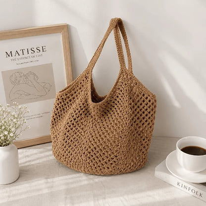 Large Woven Crochet Tote Bag – Lightweight Summer Beach & Shopping Shoulder Bag