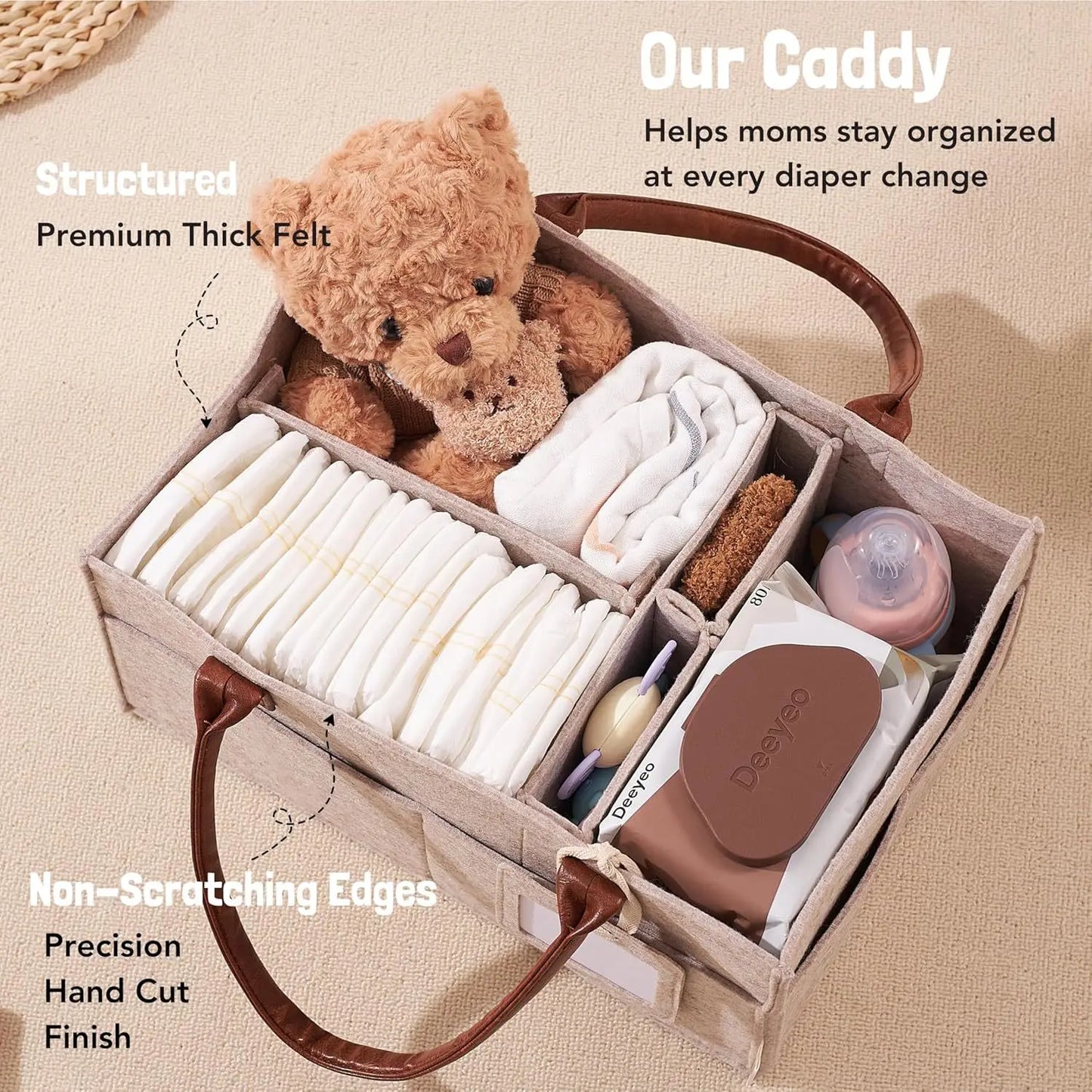 Baby Diaper Caddy Organiser – Felt Nursery Storage Basket with Handle