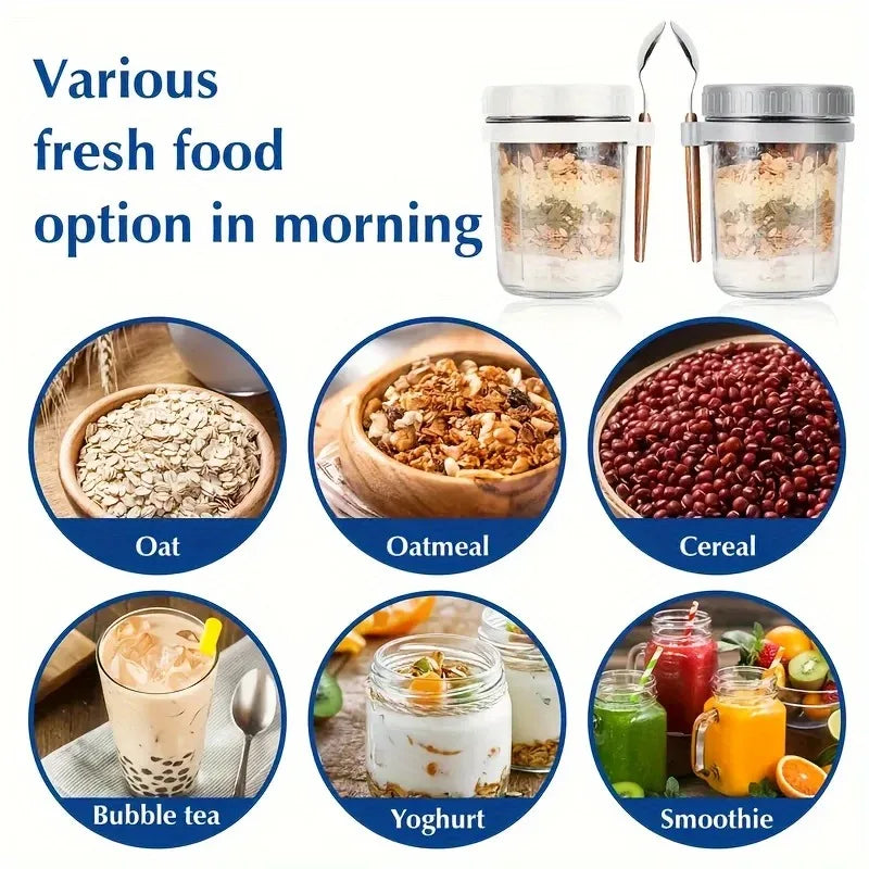 Overnight Oats Glass Cup with Lid & Spoon – 350ml Breakfast Jar