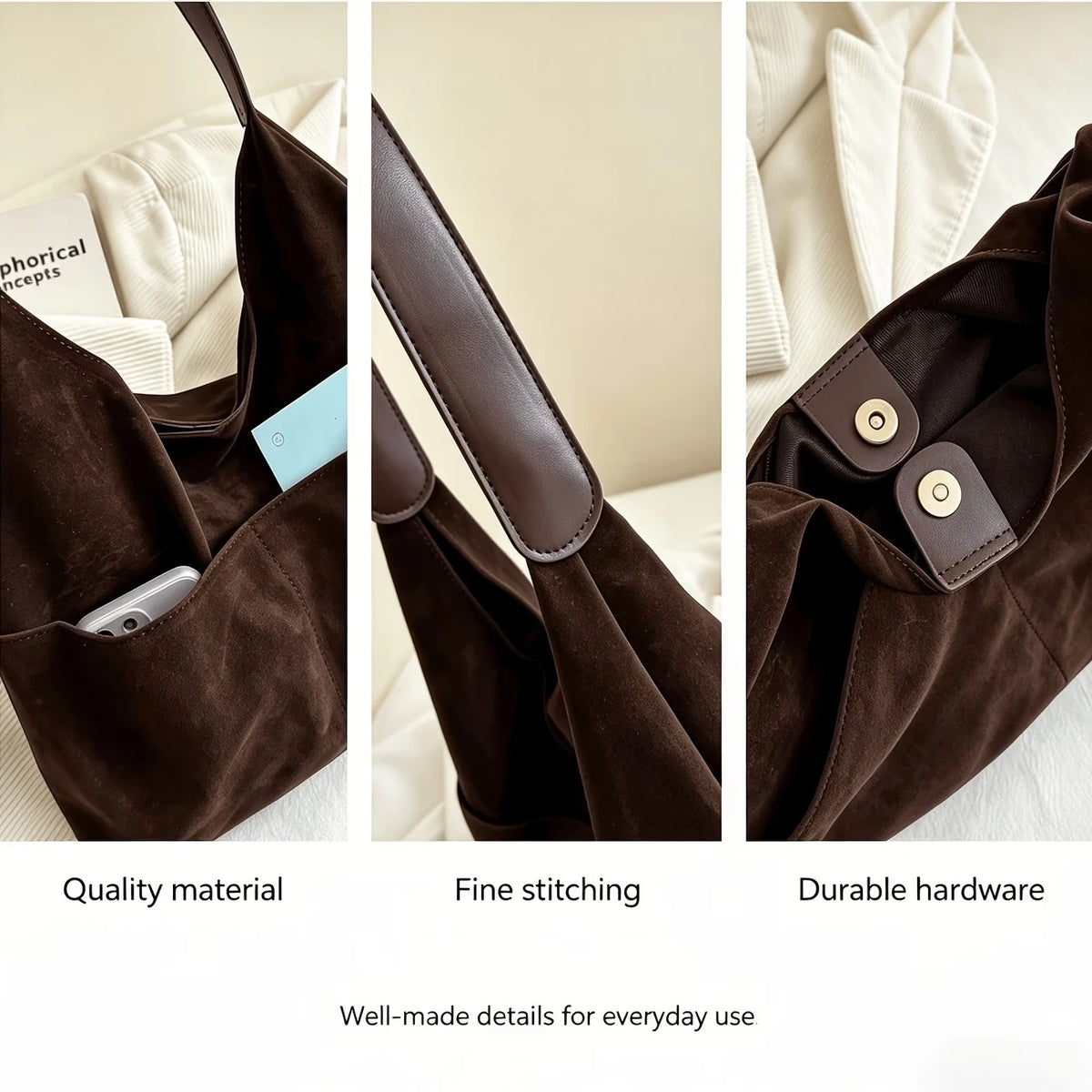 Vintage Suede-Style Hobo Shoulder Bag – Soft Retro Women's Tote Handbag