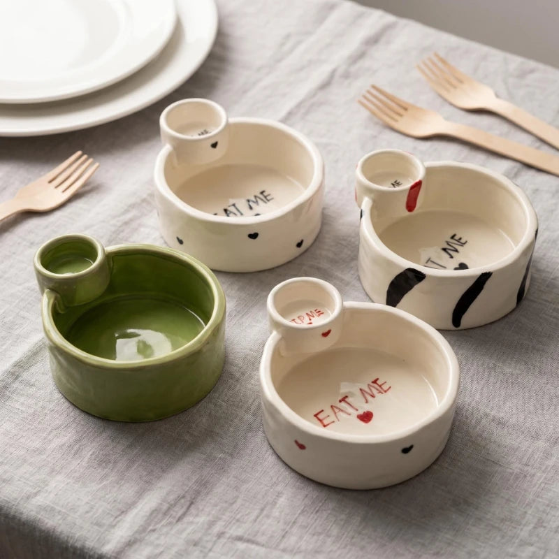 Ceramic Snack & Dip Bowl with Side Plate – Chips, Fries & Sauce Serving Dish