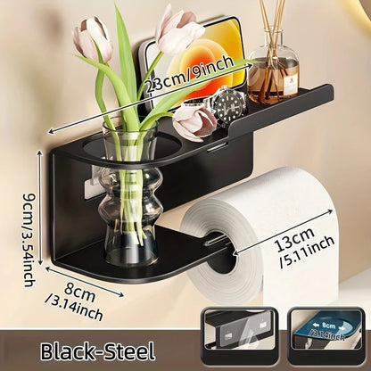 Self-Adhesive Toilet Paper Holder with Phone Shelf – Stainless Steel Wall Mount